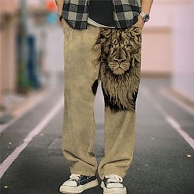 Lion Vintage Abstract Men's 3D Print Pants Trousers Outdoor Daily Wear Streetwear Polyester Blue Green Khaki S M L Medium Waist Elasticity Pants Lightinthebox