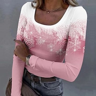 Christmas Shirt Women's T shirt Tee Snowflake Yellow Pink Blue Print Long Sleeve Christmas Weekend Festival  Holiday U Neck Regular Fit Spring   Fall Lightinthebox