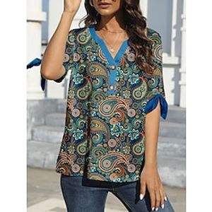 Women's T shirt Tee Paisley Daily Weekend Royal Blue Blue Green Print Short Sleeve Vintage Ethnic Tribal V Neck Regular Fit Summer Lightinthebox