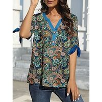 Women's T shirt Tee Paisley Daily Weekend Royal Blue Blue Green Print Short Sleeve Vintage Ethnic Tribal V Neck Regular Fit Summer Lightinthebox - thumbnail