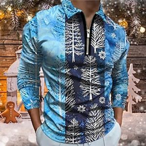 Men's Collar Polo Shirt Golf Shirt Tree Turndown Blue 3D Print Outdoor Christmas Long Sleeve Zipper Print Clothing Apparel Fashion Designer Casual Breathable Lightinthebox