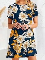 Casual Urban Round Neck Short Sleeve Floral Print Loose Dress