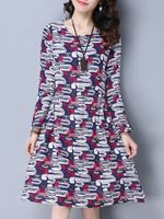 Casual Women Printed O-Neck Long Sleeve A-Line Dress