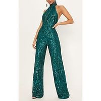 Women's Jumpsuit Print Stand Collar Elegant Party Straight Regular Fit Sleeveless Green S M L Spring Lightinthebox - thumbnail