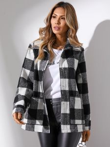 YOINS Black Plaid Two Large Pockets Long Sleeves Coat
