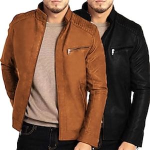 Men's Faux Leather Jacket Biker Jacket Motorcycle Jacket Outdoor Daily Wear Warm Pocket Fall Winter Plain Fashion Streetwear Lapel Regular Black Coffee Jacket Lightinthebox