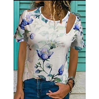 Women's T shirt Tee Flower Casual Weekend T shirt Tee Short Sleeve Cut Out Print Round Neck Basic Light Blue S Lightinthebox