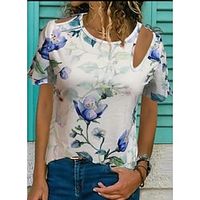 Women's T shirt Tee Flower Casual Weekend T shirt Tee Short Sleeve Cut Out Print Round Neck Basic Light Blue S Lightinthebox - thumbnail