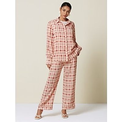 Women's Red Lapel Neck Top and Wide Leg Pants Set Casual Loose Fit Top with Drawstring Waist Pants Relax Style Red and White Geometric Print for Vacation Daily Weekend Sizes S M L Lightinthebox
