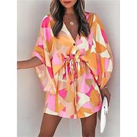 Women's Casual Dress Color Block Drawstring Print V Neck Mini Dress Hawaiian Stylish Daily Vacation 3/4 Length Sleeve Summer Lightinthebox