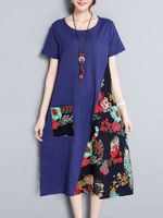 Women Patchwork Short Sleeve O-neck Vintage Dresses