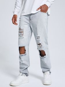 Men Hip Hop Style Plain Zip Front Big Ripped Jeans