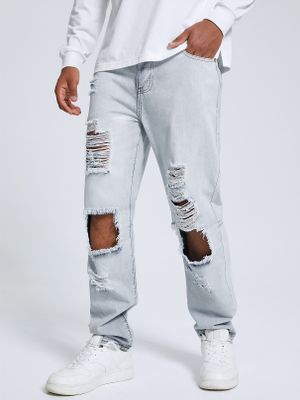 Men Hip Hop Style Plain Zip Front Big Ripped Jeans