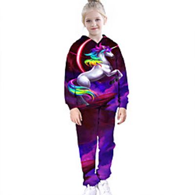 Kids Girls' Hoodie  Pants Clothing Set 2 Pieces Long Sleeve Rainbow Cartoon Unicorn Gradient Ramp Print Sports Outdoor Comfort Sports Regular 3-12 Years Lightinthebox