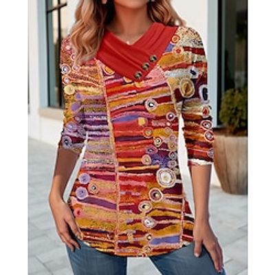 Women's T shirt Tee Red Blue Purple Graphic Button Print Long Sleeve Daily Weekend Basic V Neck Regular Fit Painting Spring   Fall miniinthebox