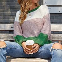 Women's Sweater Knitted Color Block Stylish Long Sleeve Sweater Cardigans Crew Neck Fall Yellow Green Black miniinthebox - thumbnail