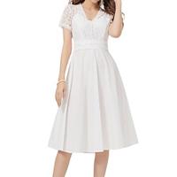 Women's Lace Patchwork Vintage Dress Midi Dress Elegant Plain V Neck Short Sleeve White Lightinthebox