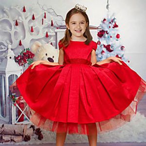 Ball Gown Tea Length Flower Girl Dresses Party Satin Short Sleeve Jewel Neck with Bow(s) Lightinthebox