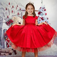 Ball Gown Tea Length Flower Girl Dresses Party Satin Short Sleeve Jewel Neck with Bow(s) Lightinthebox - thumbnail