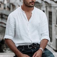 Men's Linen Shirt Shirt Summer Shirt Beach Shirt White Long Sleeve Solid Color V Neck Summer Street Daily Clothing Apparel Button-Down miniinthebox - thumbnail