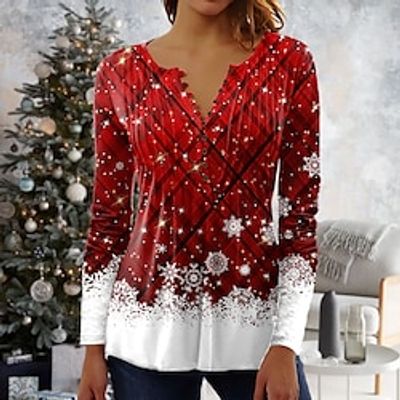 Women's Blouse Shirt Green Blue Fuchsia Plaid Snowflake Button Print 34 Length Sleeve Christmas Weekend Streetwear Casual Round Neck Regular S Lightinthebox