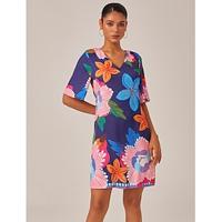 Satin Floral Print Vacation Half Sleeve V Neck Mini Dress
