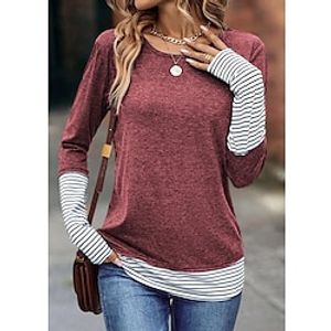 Women's T shirt Tee Striped Red Print Long Sleeve Daily Weekend Fashion Round Neck Regular Fit Spring   Fall Lightinthebox