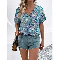 Women's T shirt Tee Paisley Casual Daily Blue Print Short Sleeve Vintage Ethnic V Neck Regular Fit Summer Lightinthebox