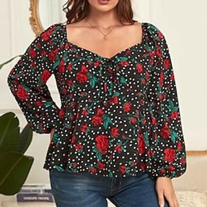 Women's Plus Size Tops Blouse Shirt Floral Print Long Sleeve Square Neck Elegant Casual Daily Going out Polyester Winter Fall Black miniinthebox