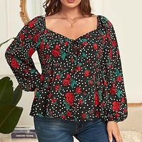 Women's Plus Size Tops Blouse Shirt Floral Print Long Sleeve Square Neck Elegant Casual Daily Going out Polyester Winter Fall Black miniinthebox - thumbnail