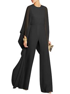 Solid Cape Sleeve Hollow Out Chiffon Wide-Leg Jumpsuit
