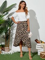 YOINS Off The Shoulder Leopard Slit Design Puff Sleeves Midi Dress - thumbnail