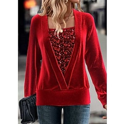 Women's Shirt Blouse Red Plain Sequins Long Sleeve Party Christmas Casual Fashion Metallic Square Neck Regular Fit Spring Fall Lightinthebox Women's Shirt Blouse Red Plain Sequins Long Sleeve Party Christmas Casual Fashion Metallic Square Neck Regular Fit Spring Fall Lightinthebox