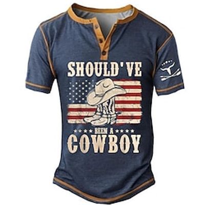 Should've Been a Cowboy American US Flag Shoe Men's Casua T shirt Tee Henley Shirt Sports Outdoor Holiday Going out T shirt Black Navy Blue Blue Short Sleeve Henley Shirt Spring Summer Lightinthebox