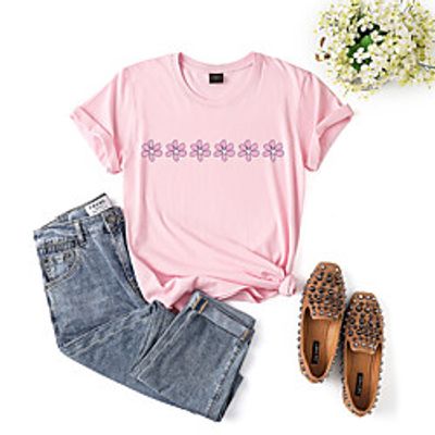 Women's T shirt Flower Print Round Neck Basic Tops Cotton White Blushing Pink Khaki Lightinthebox