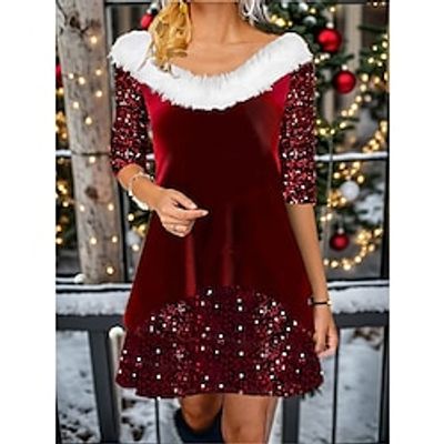 Women's Christmas Dress Velvet Dress Casual Dress Mini Dress Sequins Patchwork Outdoor Christmas Daily Fashion Modern V Neck Long Sleeve 2023 Regular Fit Wine Gold Color S M L XL XXL Size miniinthebox