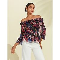 Women's Blouse Flower  Plants Daily Wear Family Gathering Office Party Lantern Sleeve Burgundy Crush Printing Long Sleeve Elegant Off Shoulder Peplum Spring  Summer Lightinthebox