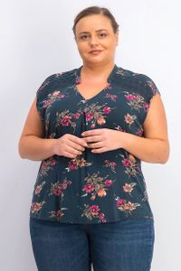 Womens Crochet Detail Floral Print Blouse  Teal