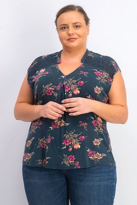 Womens Crochet Detail Floral Print Blouse  Teal