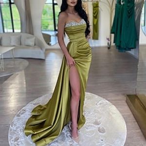 Mermaid  Trumpet Evening Gown Sparkle  Shine Dress Formal Court Train Sleeveless Strapless Charmeuse with Rhinestone Ruched Slit 2023 Lightinthebox