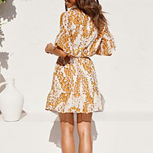 Women's A Line Dress Short Mini Dress Yellow flower on white Short Sleeve Pattern Summer Casual 2021 S M L XL miniinthebox