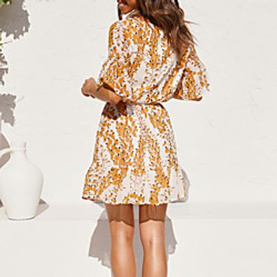 Women's A Line Dress Short Mini Dress Yellow flower on white Short Sleeve Pattern Summer Casual 2021 S M L XL miniinthebox