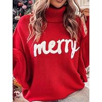 Women's Ugly Christmas Sweater Pullover Sweater Jumper Jumper Ribbed Knit Regular Oversized Letter Turtleneck Stylish Casual Christmas Daily Batwing Sleeve Fall Winter Red Fuchsia S M L miniinthebox