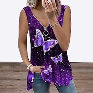 Women's Tank Top Vest Red Blue Purple Animal Butterfly Flowing tunic Quarter Zip Sleeveless Daily Beach Streetwear Basic V Neck Regular Regular Fit Butterfly Plus Size L miniinthebox
