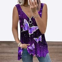 Women's Tank Top Vest Red Blue Purple Animal Butterfly Flowing tunic Quarter Zip Sleeveless Daily Beach Streetwear Basic V Neck Regular Regular Fit Butterfly Plus Size L miniinthebox - thumbnail