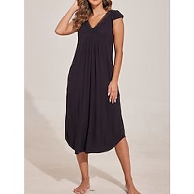 Women's Casual Dress Summer Dress Plain Dress Midi Dress Lace Trim Holiday Vacation Streetwear V Neck Short Sleeve Regular Fit Black Color S M L XL 2XL Size Lightinthebox