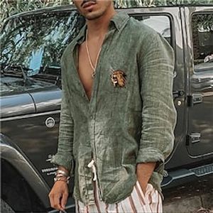 Men's Shirt Hot Stamping Graphic Patterned Animal Turndown Street Casual Button-Down Print Long Sleeve Tops Designer Casual Fashion Big and Tall Green White  Summer  Spring  Summer Lightinthebox