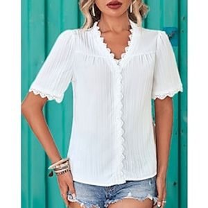 Women's Shirt Blouse White Plain Button Lace Trims Short Sleeve Casual Basic V Neck Regular S miniinthebox