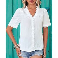 Women's Shirt Blouse White Plain Button Lace Trims Short Sleeve Casual Basic V Neck Regular S miniinthebox - thumbnail