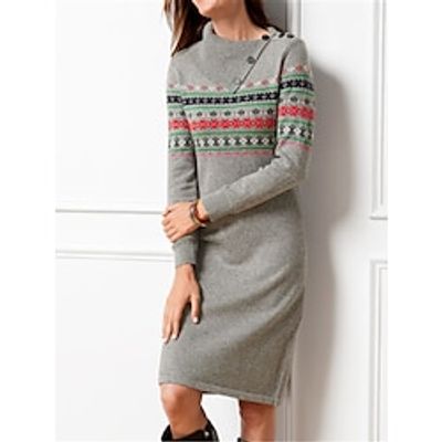 Women's Sweater Dress Jumper Dress Winter Dress Midi Dress Warm Geometric Outdoor Daily Going out Lapel Long Sleeve Button 2023 Loose Fit Gray S M L XL XXL 3XL Lightinthebox